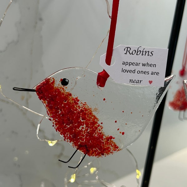 Fused glass robins with tag and red ribbon to hang - handmade