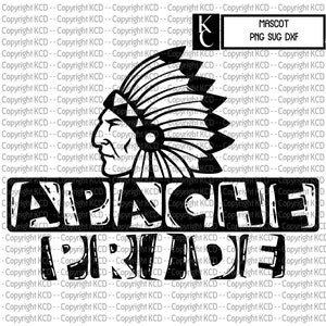 May include: Black and white digital illustration of an Apache Native American mascot wearing a headdress. The mascot is looking to the left. The text "Apache Pride" is below the mascot.