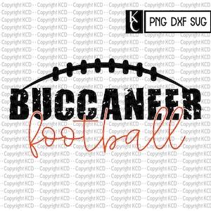 Op de afbeelding: Zwart en oranje grafisch ontwerp met een voetbal en de tekst "BUCCANEER football".