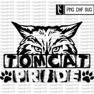 May include: Black and white digital design featuring a cat's face peeking over the text "TOMCAT APRIL", with paw prints on either side of the text.