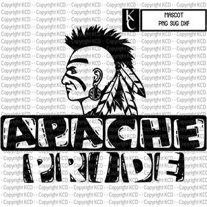 May include: Black and white digital illustration of an Apache Native American mascot with a headdress and the text "Apache Pride".