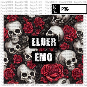 May include: A black and white skull and red rose pattern with the words "ELDER EMO" in white text on a black background.