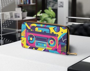 Cartera con cremallera estilo boombox retro de colores de los años 80, billetera moderna para amantes de la música, regalo único para cumpleaños, festivales y celebraciones