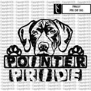 May include: Black and white digital illustration of a Pointer dog peeking over a sign that says "POINTER PRIDE".