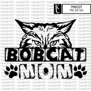 May include: Black and white graphic featuring a bobcat face above the word "BOBCAT" and the word "NATION" with paw prints. The image also includes the text "MASCOT PNG DXF SVG".