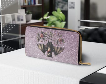 Cartera con cremallera de murciélago gótico, accesorios góticos únicos, regalo de Halloween, regalo para amantes de los murciélagos, cartera con murciélago floral, elegante para uso diario