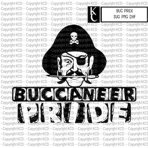 May include: Black and white digital design featuring a pirate with a skull and crossbones on his hat and the text "BUCCANEER PRIDE".