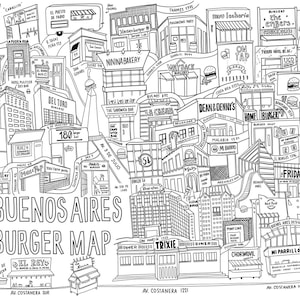 Pode incluir: Mapa ilustrado a preto e branco de Buenos Aires, Argentina, com restaurantes de hambúrgueres. O mapa inclui ilustrações de edifícios, nomes de ruas e o texto "BUENOS AIRES BURGER MAP".