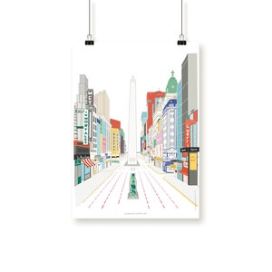 May include: A colorful illustration of a city street with a tall white obelisk in the center. The buildings are lined up on either side of the street, and there are trees and streetlights in the background. The street is empty, and the sky is blue.