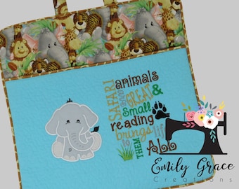 Reading Pocket Pillow Cover - Gray Elephant Jungle Safari Theme