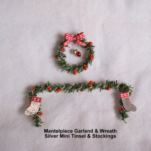 Dolls House Christmas MANTEL GARLANDS and WREATHS Sets A Silver Mini Tinsel