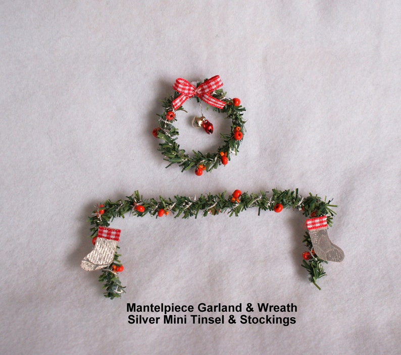 Dolls House Christmas MANTEL GARLANDS and WREATHS Sets A Silver Mini Tinsel