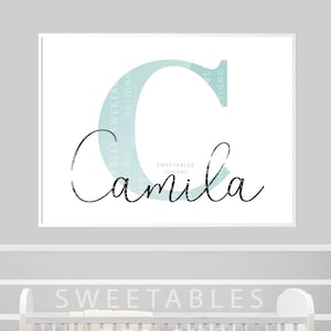 Camila name printable, blue teal and grey name , girls room decor, children's room, pink and gold wall art, personalized name, custom.