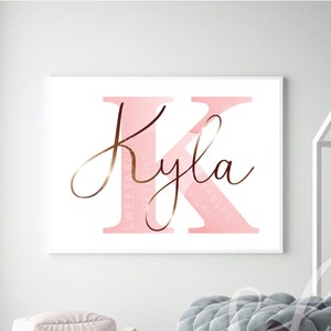 Kyla, Name print, Pink and Gold letters, pink nursery, baby shower gift, Name Printable, instant download, monogram, custom nursery decor.