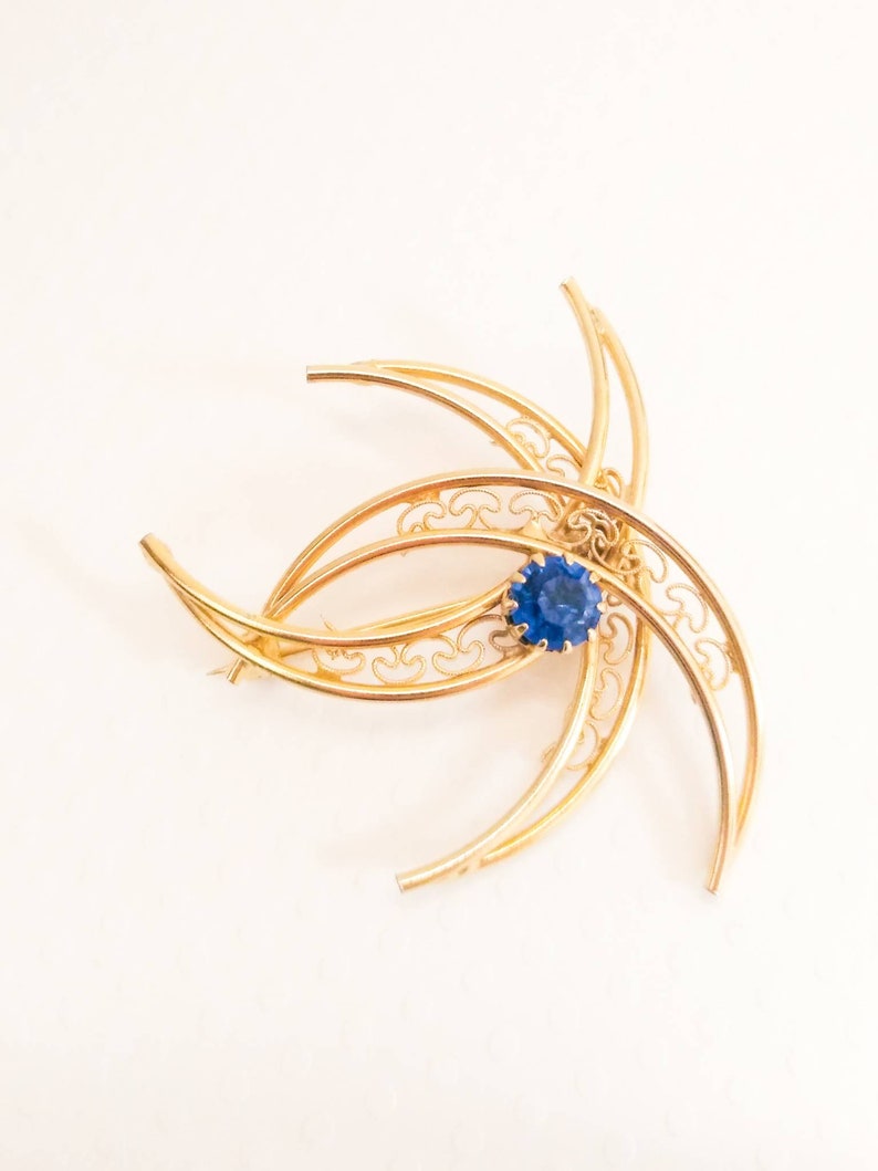 Glass Gem Pin Gold Toned Brooch Fillagree Jewelry Crescent Moon Sapphire Brooch September Birthstone Pin Estate Jewelry Vintage