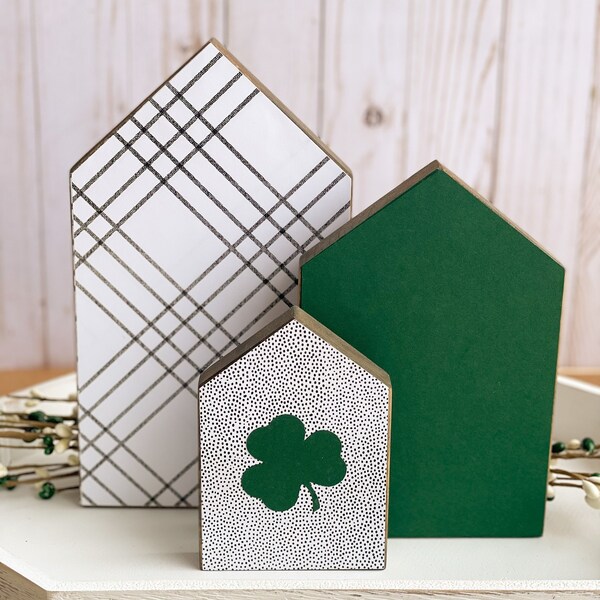 St. Patricks Day Wooden Houses, Wooden Decor, Set of 3 Houses, Entry Table Decor, Mantle Decor, St Patricks Day Decor