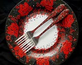 Black Red Wedding Cake Dish Black Red Forks Garden Rose Wedding Cake Dish Engraving Forks Red Roses Wedding Anniversary Gift Wedding Cake