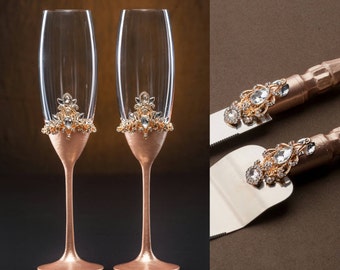 Rose Gold Wedding Glasses Rose Gold Wedding Cake Server Set Rose Gold Champagne Flute Anniversary Gift Wedding Table Decor Easter Birsday