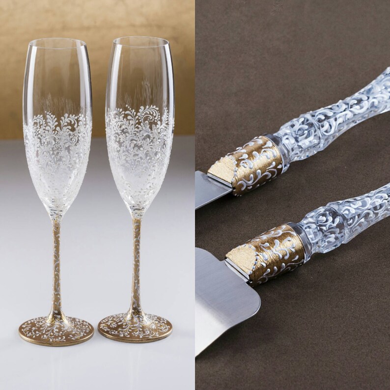 White Gold Wedding Set Champagne Flutes Cake Server Set White Etsy