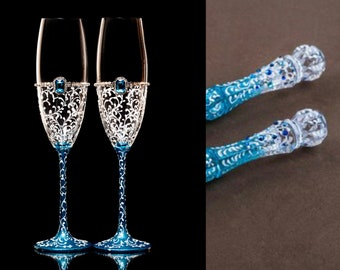 Turquoise Wedding Set of 4: Engraving Glasses Cake Set with  Swarovski Crystals Champagne Glasses  Turquoise Cake Server Knife Anniversary