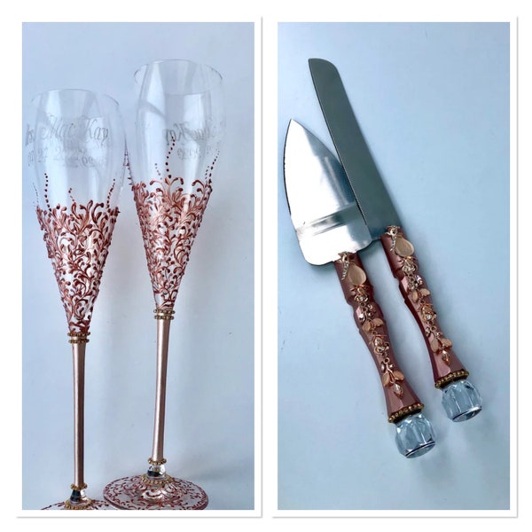 Rose Gold Wedding Glasses Rose Gold Cake Server and Knife quinceanera Mis ãnos Bridal Shower Gift Anniversary Gift Rose Gold Flutes Cake Set