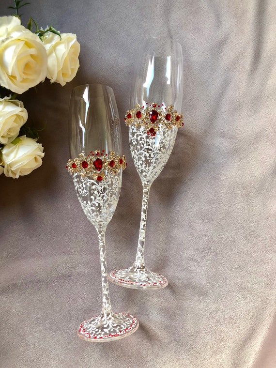 Personalized Wedding Glasses White Red Wedding Glasses Etsy