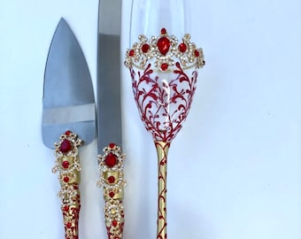 Mis años flute and knife server set Quinseanera Glass and cake server set Mis años gift Quinseanera Gift Sweet 16 Glass Red Mis años Flute