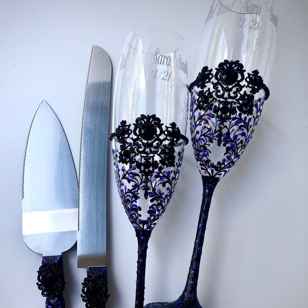 Black Purple Wedding Black Purple Flutes Black Purple Flutes Black Purple Cake server And Knife Black Purple Cake Set Personalized Glasses