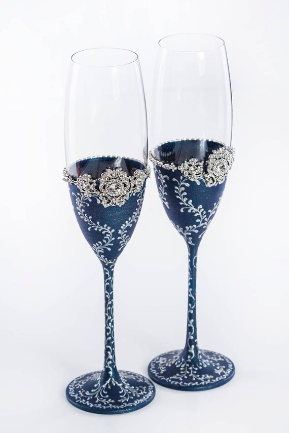 Crystal Navy toasting flutes set of 2. Engraved Wedding glasses for bride  and groom.