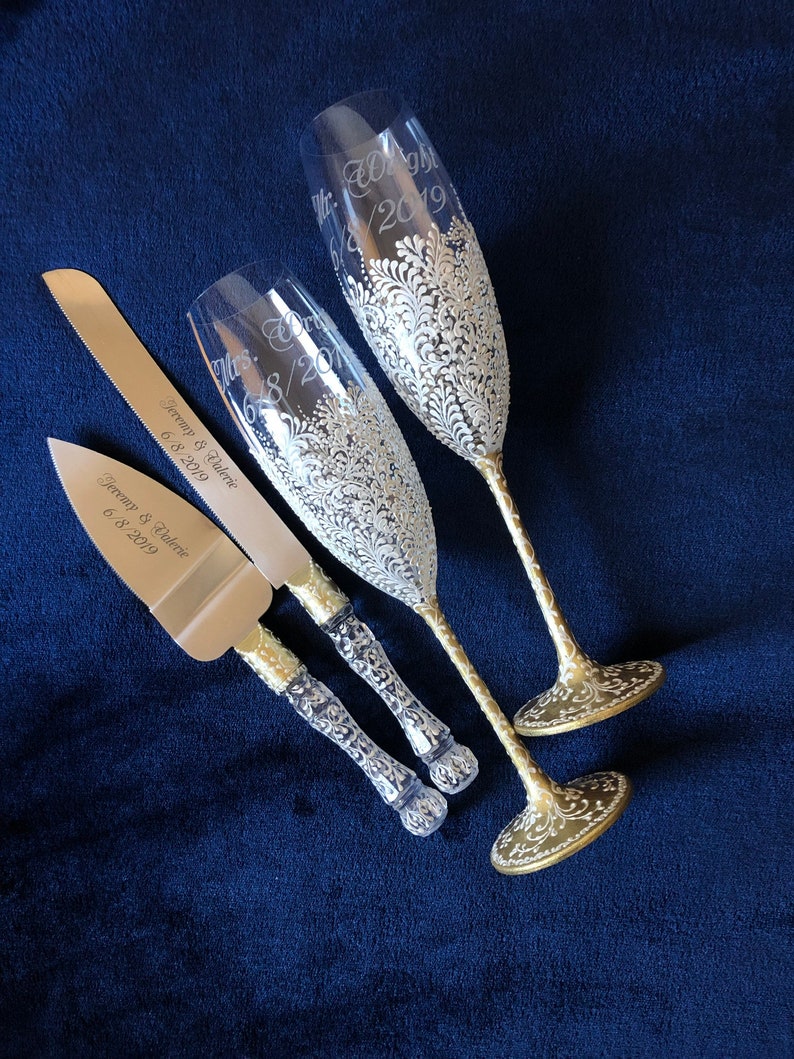 White Gold Wedding Set Champagne Flutes Cake Server Set White Etsy