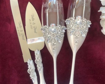 Wedding flutes and cake server and knife with personalization