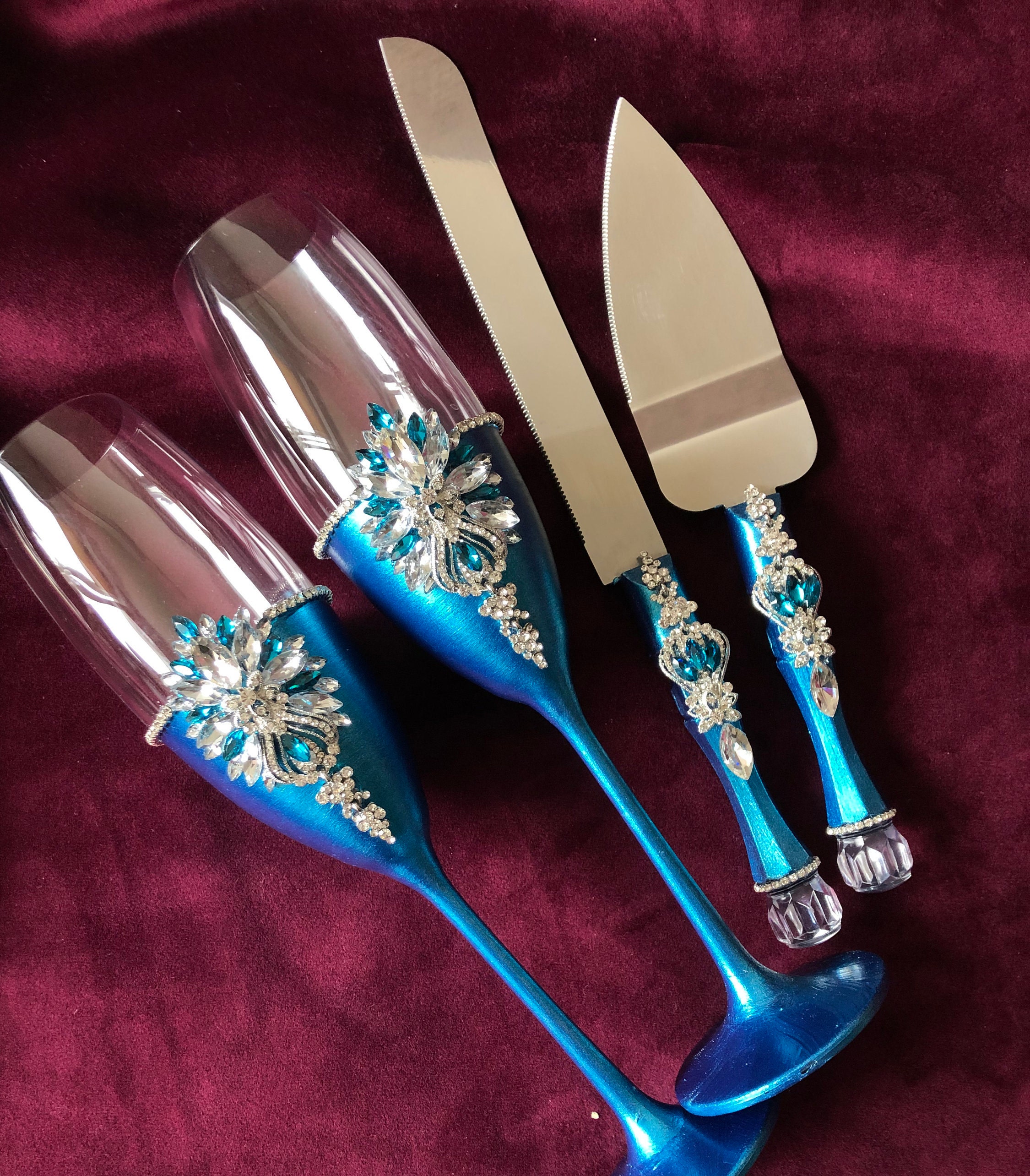 Personalized Blue Wedding Flutes Engraved Blue Cake Server Set Etsy