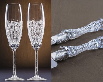 Personalized White Gray Wedding Set, White Silver Wedding Glasses and White Silver Wedding Cake Server Set Crystal Wedding Champagne Flutes