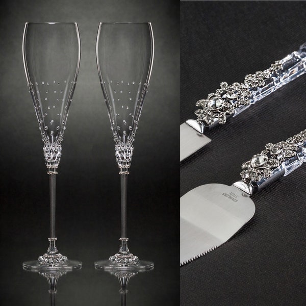 Wedding Champagne Flutes Cake server knife Clear Wedding Glasses Floral Wedding Glasses Personalized Wedding Glasses Sweet sixteenth flutes