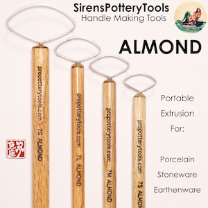 May include: Four sizes of wooden pottery tools with metal loops for making handles. The tools are labelled with the brand name "SirensPotteryTools.com" and the size "7G ALMOND", "7L ALMOND", "7M ALMOND", and "7S ALMOND".