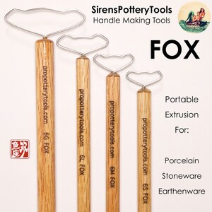 May include: Four wooden tools with metal loops for making pottery handles. The tools are labelled with the website "propotterytools.com" and sizes 6G, 6L, 6M, and 6S FOX. The tools are labelled "SirensPotteryTools Handle Making Tools FOX Portable Extrusion For: Porcelain Stoneware Earthenware Mugs, Teapots, Baskets, Feet, Pitchers, Vases and more."