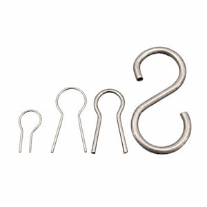 May include: A set of four silver-toned metal hardware components consisting of three U-shaped wire clips of varying sizes and one large S-shaped hook. The items are arranged horizontally against a plain white background, showcasing a smooth finish.