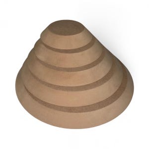 May include: A light brown, tiered, conical wooden object. The object has a rounded top and several horizontal, circular layers of varying sizes. The layers are separated by a darker, textured material. The object is set against a white background.