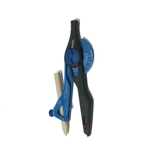 May include: A blue and black compass with a wooden pencil attached. The compass has a protractor and a knob for adjusting the pencil lead.
