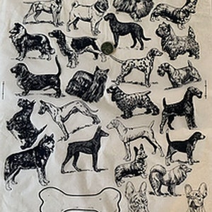 May include: A black and white illustration of various dog breeds on a beige background. The dogs are in different poses, some are standing, some are sitting, and some are lying down. There are two bone-shaped outlines at the bottom of the image.
