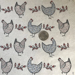 May include: A repeating pattern of illustrated chickens and red leaf sprigs on a light grey background. The chickens are in black outline with blue and white or red and white patterns. A coin is included for scale.
