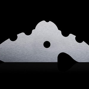 May include: A silver metal blade with a unique, wavy, and jagged edge. The blade has a small hole in the centre.