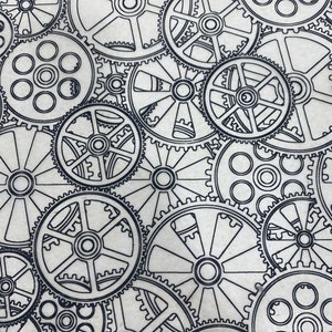 May include: A black and white illustration of a repeating pattern of interlocking gears. The gears are all different sizes and shapes, and they are arranged in a random pattern.