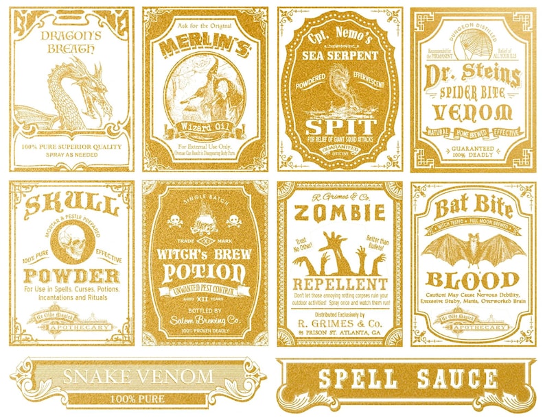 Potion Lettering Potion Labels 8.5 X 11 Inch - 22 Karat White or Yellow Gold Luster ...