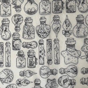 May include: A black and white illustration of a pattern of various bottles with different contents, including flowers, butterflies, and other natural elements. The bottles are drawn in a detailed and intricate style, with a vintage aesthetic.