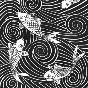 May include: Black and white illustration of three koi fish swimming in a swirling pattern of waves. The fish are stylised and have a traditional Japanese design.