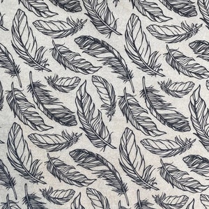 May include: A seamless pattern of black feathers on a beige background. The feathers are drawn in a simple, stylized way and are arranged in a random pattern.