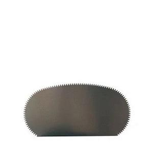 May include: A silver, oval-shaped, serrated scraper tool.