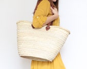 Straw bag with Long tan Leather Handles - French Style Shopping and Grocery Basket