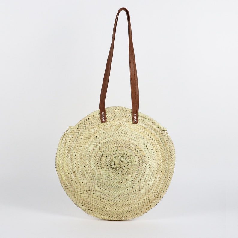 Round Straw Bag with Leather Straps Etsy